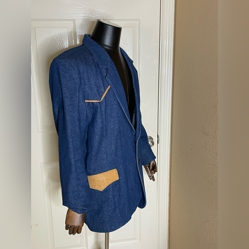Men's Navy Blue Wool Blend Blazer with Tan Suede Accents - Picture 12 of 12